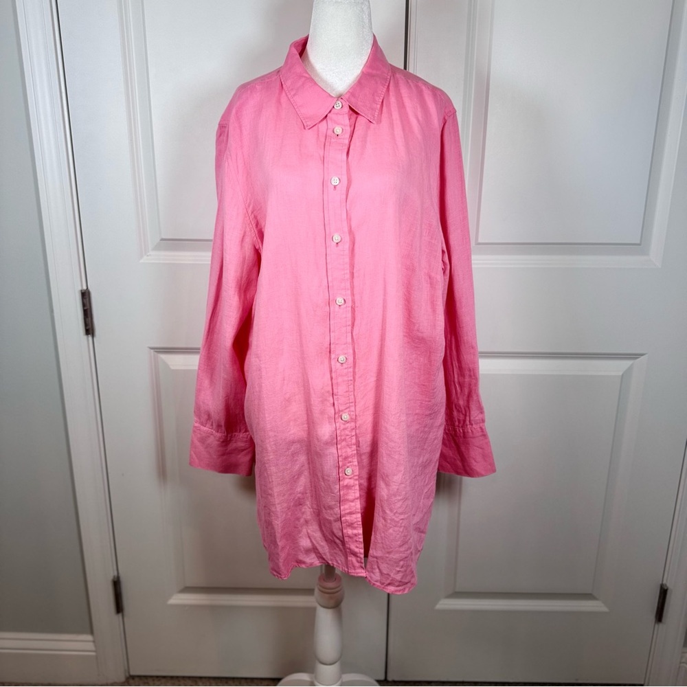Talbots Pink 100% Linen Tunic Shirt XL Long Sleeve Button Front Coastal